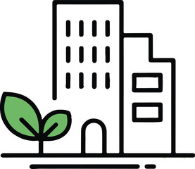 Eco Friendly Building with Green Plant Sustainable City Line Icon Vector
