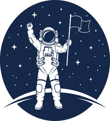 Fototapeta premium Astronaut standing on the moon surface holding a flag and celebrating achievement against a starry space background