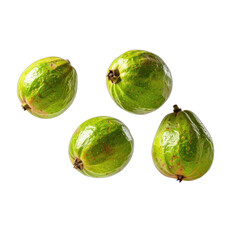 Four vibrant green guavas isolated against a solid black background.