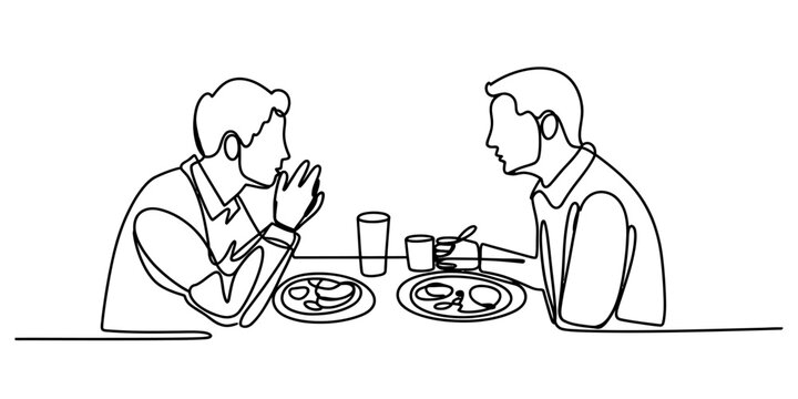 Continuous line drawing of two men having a meal and conversation at a restaurant table Vector, illustration