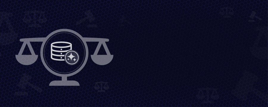 AI in Data Protection and Database Law, Scales of Justice with Data Icon and AI Sparkles Vektor, Copy Space for GDPR and Big Data Legal Concepts