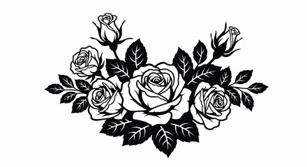 Fototapeta premium Black and white rose bouquet with leaves and buds Keywords rose, flower, bouquet, floral