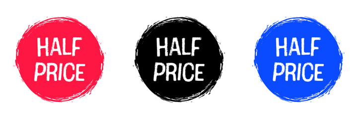 Half Price Sale Badges Set in Red Black and Blue Colors