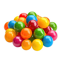 A vibrant pile of colorful, shiny gumballs set against a solid black background.