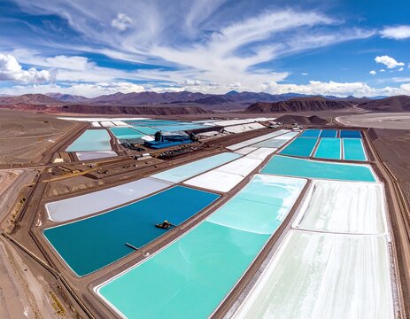 Aerial view of vibrant lithium evaporation ponds in a vast desert landscape. This industrial scene highlights resource extraction for green energy and battery technology development.