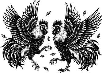 Vintage woodcut style vector illustration of two aggressive roosters fighting with feathers flying in black and white hand-drawn style © NURUL