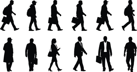 Collection of Black Silhouettes of Men and Women Walking with Bags and Backpacks in Casual and Business Styles, Representing Daily Commute, Travel, Work, and Urban Lifestyle Concept