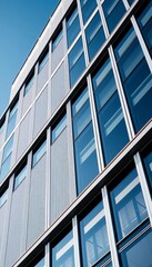 Close-up of a contemporary office building facade, showcasing geometric patterns and clean lines,  geometric,  material