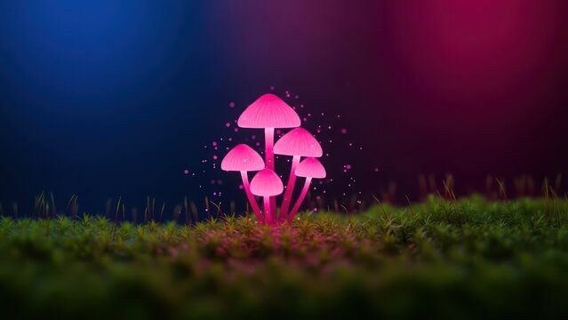 Glowing pink mushrooms, neon fungi in grassy field with vibrant pink and blue background