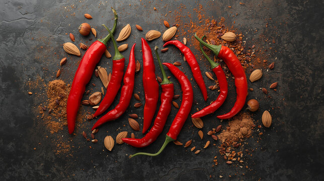 Fresh vibrant red chili peppers with varied spices including whole seeds and ground powder scattered around them on a dark heavily textured background with subtle earthy tones and a slight sheen 