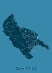 Map of the island of Zakynthos, Greece, presented in a dark teal color against a solid teal background. The map highlights the island's road network with thin white lines