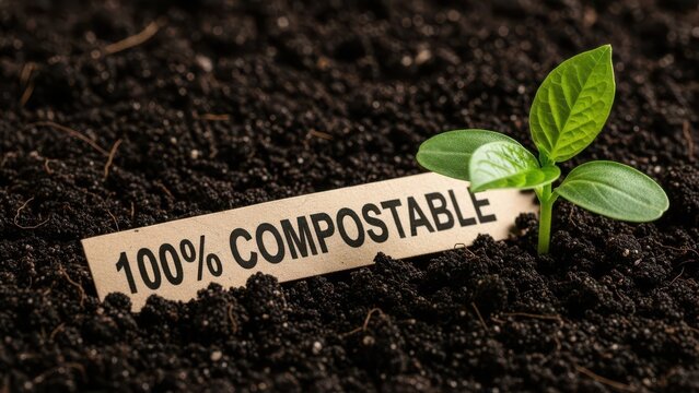 Small green plant growing from dark soil with a biodegradable 100 percent compostable label