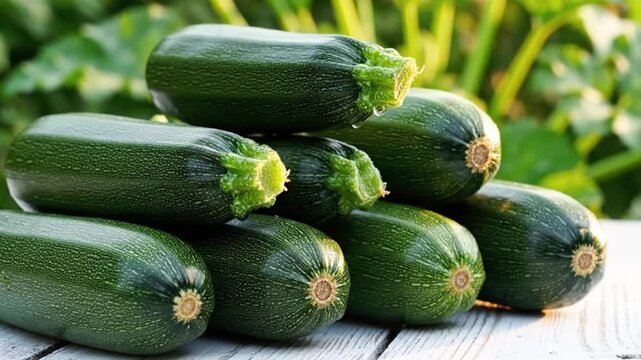 A stack of eight zucchinis fresh and green rests on weathered white wood backed by blurred foliage
