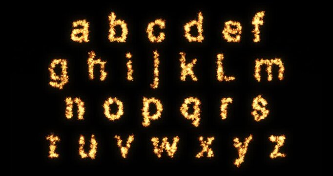 Burning letters of the alphabet from A to Z, made with fire on a black background, fiery typographic animation for dramatic titles, advertising campaigns, countdowns, and hot visual effects.