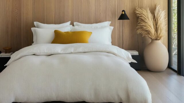 A bedroom setup with soft bedding, a warm color accent, and natural decor elements in a bright space