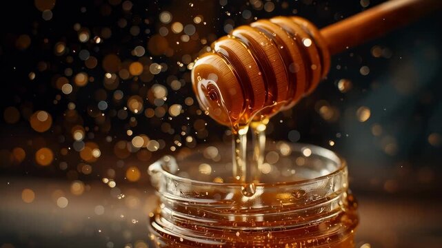 Honey dripping from wooden dipper into a glass jar with golden splashes in warm light