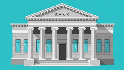 Fototapeta premium Closeup illustration of a bank buildings facade with columns and a triangular pediment on a teal background