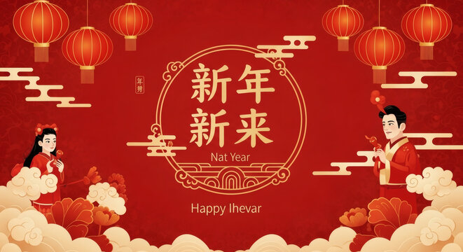 Chinese New Year Greeting Card with Traditional Attire and Lanterns