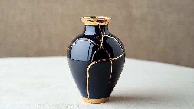 A craftsman carefully mends a fractured vase with gold, showcasing the kintsugi method in a thoughtful, artistic process
