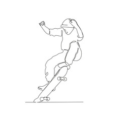 Fototapeta premium One continuous single drawing line art flat doodle teenage, sport, skateboard, jumping, boy, action, jump, fun. Isolated image hand draw contour on a white background; hand drawn; not AI