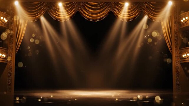 A golden stage with opulent draped curtains, illuminated by spotlights