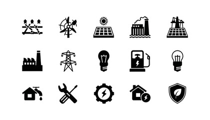 Fototapeta premium A collection of icons representing various aspects of energy and industry, including renewable sources, power generation, and infrastructure