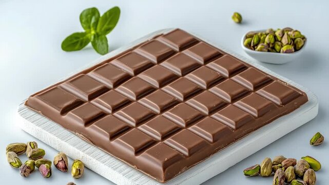 Chocolate bar sits on a flat surface with pistachios and mint leaves arranged around it on a clean backdrop close to the camera