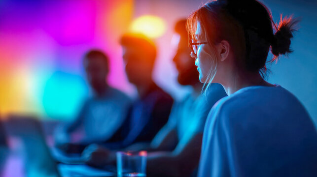 Focused young professional woman in glasses listening during a team meeting, colorful neon bokeh background, modern corporate collaboration concept