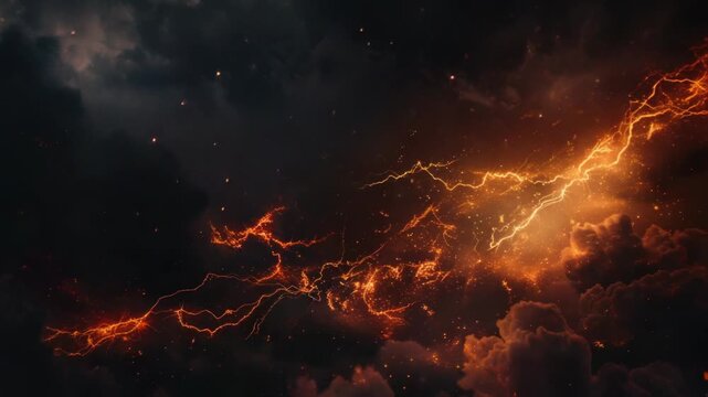 Video A dark stormy sky filled with intense lightning bolts in shades of orange and yellow