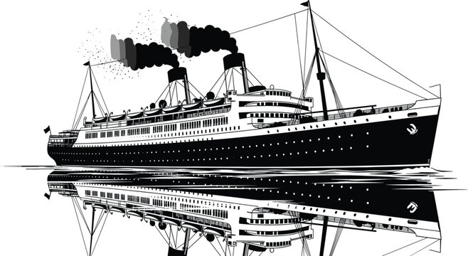 Black and white vintage ocean liner steamship illustration with water reflection and smoke for travel and maritime history