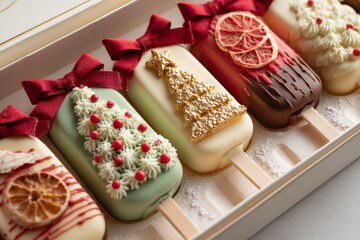 close-up of stick ice creams with christmas decoration