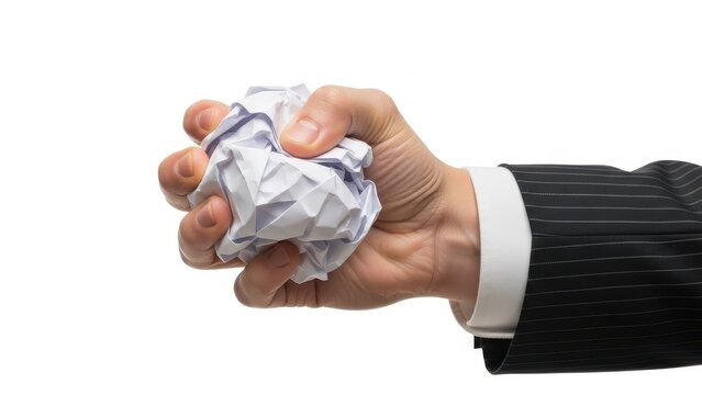 Crumpled paper in a businessmans hand isolated on white background