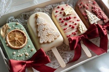close-up of stick ice creams with christmas decoration