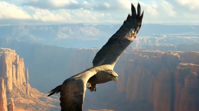 Majestic eagle soaring over a dramatic landscape with mountains and clouds