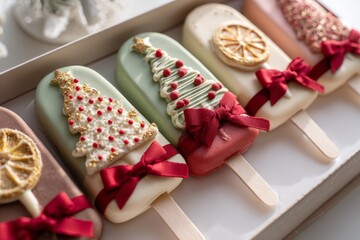 close-up of stick ice creams with christmas decoration