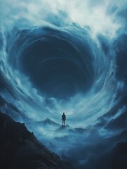 Obraz premium Person standing at edge of abyss surrounded by swirling mist and ominous clouds symbolizing challenges or despair