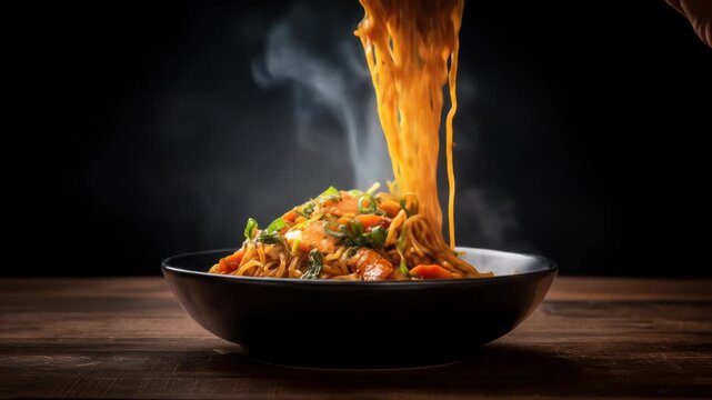 Hot Noodles with Spicy Sauce Pouring in Dark Mood Food Photography