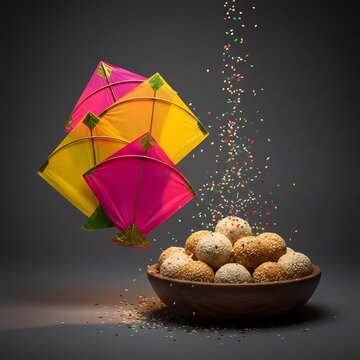Basant Festival Sweets and Kites Traditional basant sweets with colorful kites for basant promotion