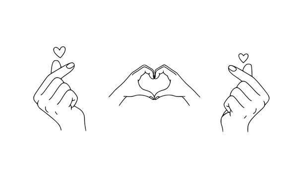 Elegant hand with mini heart finger gesture line icon set vector