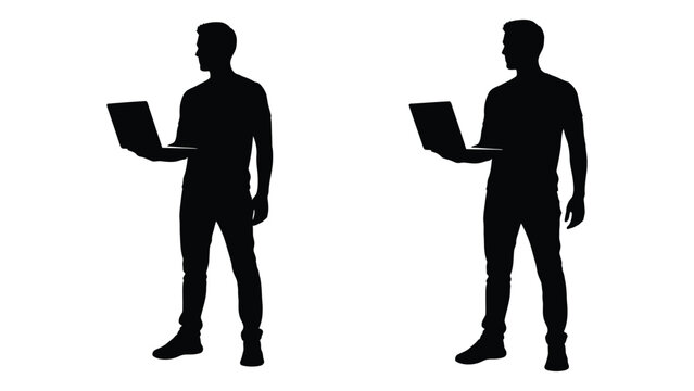 Two silhouetted men stand facing forward each holding and using a laptop