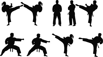 Collection of karate silhouettes showing male and female martial artists performing kicks, punches and fighting stances, black athletic figures isolated on white background © Ayejoddin