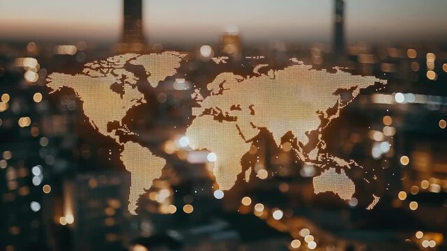 View the bright city lights as a world map overlay shows different regions while the night unfolds in an urban environment