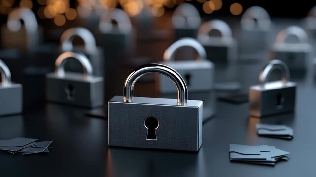 Different locks sit on a table with a mix of open and closed locks in a dimly lit space with bright points of light