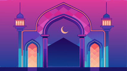 Illuminated mosque entrance with crescent moon