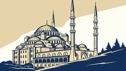 Illustrated mosque with minarets and domes