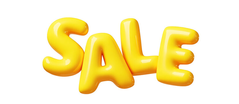 Sale text in vibrant yellow balloon style typography with glossy highlights for retail promotion isolated on transparent background for ads