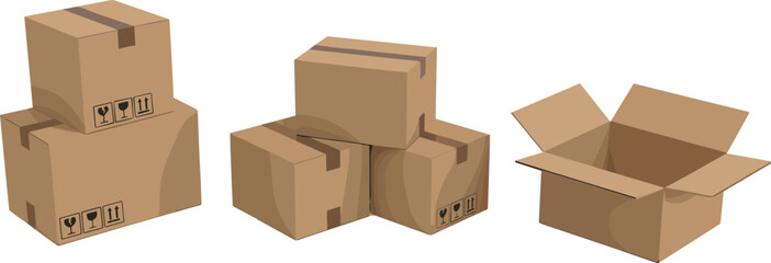 Fototapeta premium Vector set of cardboard shipping boxes in various states including stacked parcels and an open box for e-commerce logistics.