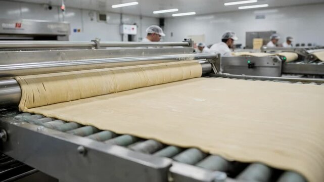 Medium shot capturing large flatbread sheets being uniformly pressed and stretched by automated laminators in a highvolume production line.