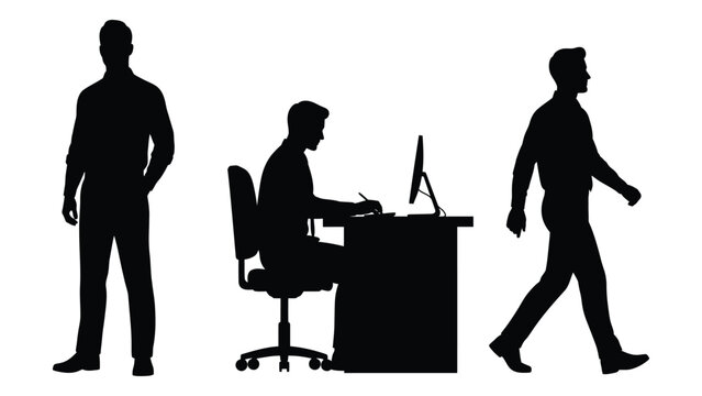 Silhouettes of men in various poses standing working and walking