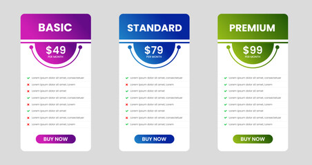 website price Pricing chart table design template. UI UX app pricing chart table Subscription set design. Product Plan Offer Price Package Subscription Option Comparison Table Chart Infographic Design